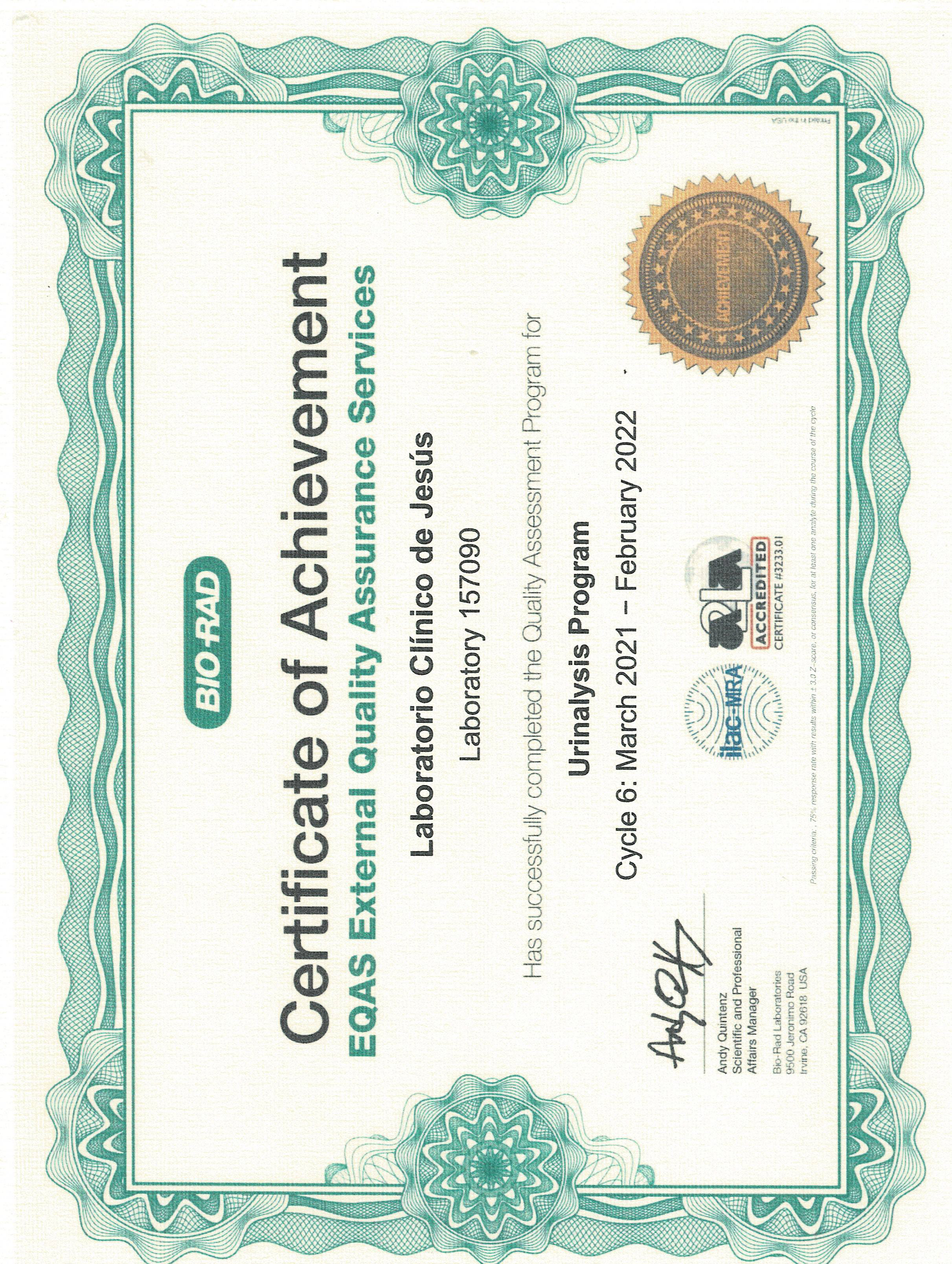 Certificado Bio-Rad Programa de Urianálisis